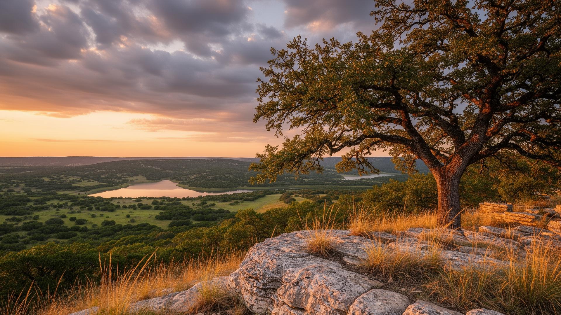 Texas Hill Country at golden hour with a live oak overlooking a distant lake