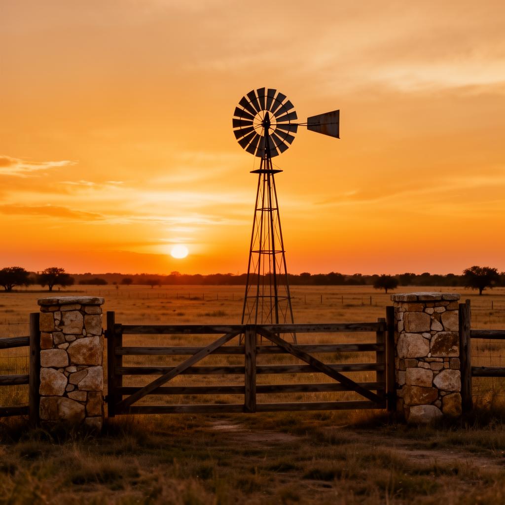 Texas ranch windmill at sunset with a rustic gate
